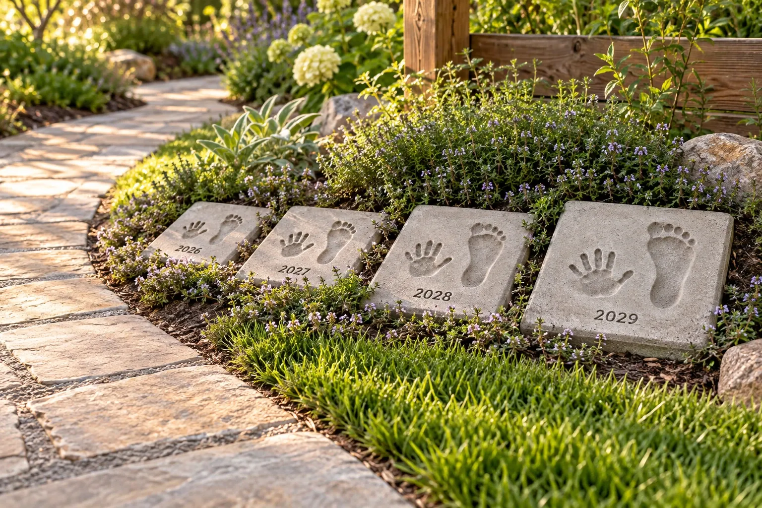 Concept illustration of handprint and footprint keepsake stones growing year by year beside a garden walkway