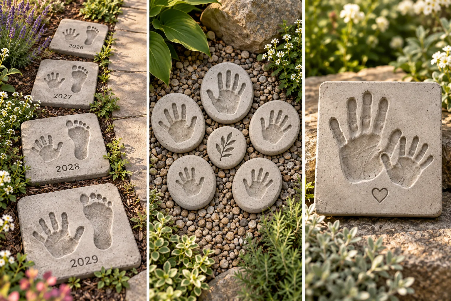 Three concept designs: a chronological trail of square growth stones, an oval family circle, and a square hand-in-hand plaque